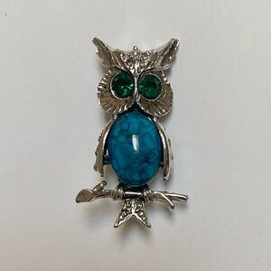 Vintage Owl Pendant Brooch Rhinestone Faux Turquoise Silvertone Sitting Branch